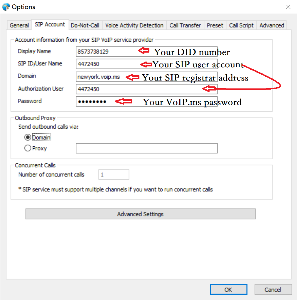 VoIP.ms settings for Ecsow dialer